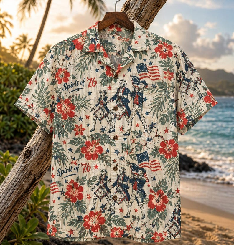 Patriotic Hawaiian Shirt for Men, Tropical Hibiscus Flag Graphic Aloha Shirt, Independence Day Beach Outfit