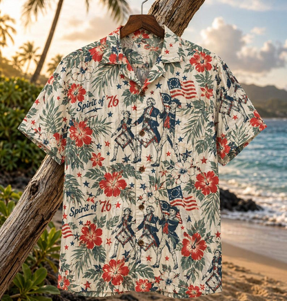 Patriotic Hawaiian Shirt for Men, Tropical Hibiscus Flag Graphic Aloha Shirt, Independence Day Beach Outfit