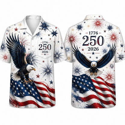 Men’s U.S. 250th Anniversary Hawaiian Shirt, Patriotic Eagle Flag Fireworks Button Down, 1776 2026 Independence Day Outfit