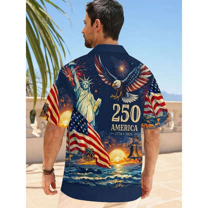 Patriotic Hawaiian Shirt for Men, 250 Years of Freedom Eagle Liberty Flag Aloha Button Down, Independence Day Apparel