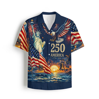 Patriotic Hawaiian Shirt for Men, 250 Years of Freedom Eagle Liberty Flag Aloha Button Down, Independence Day Apparel