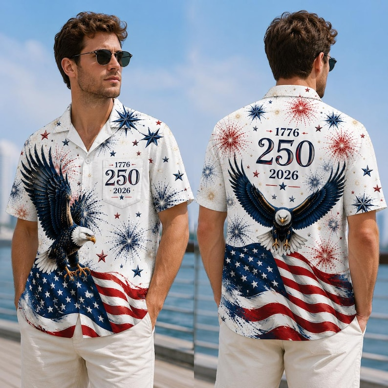 Men’s U.S. 250th Anniversary Hawaiian Shirt, Patriotic Eagle Flag Fireworks Button Down, 1776 2026 Independence Day Outfit