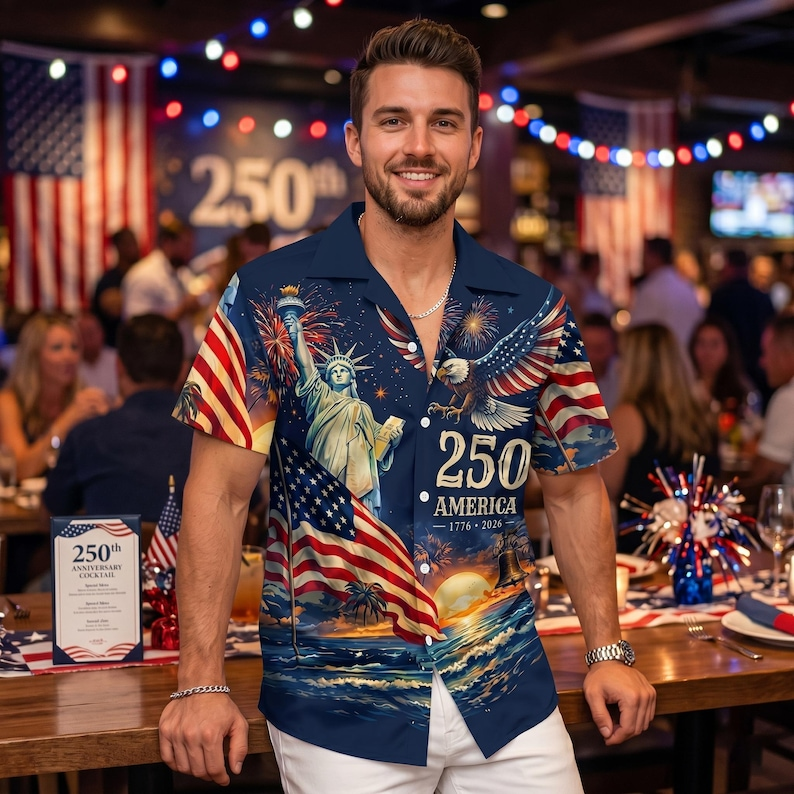 Patriotic Hawaiian Shirt for Men, 250 Years of Freedom Eagle Liberty Flag Aloha Button Down, Independence Day Apparel