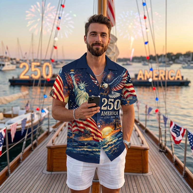 Patriotic Hawaiian Shirt for Men, 250 Years of Freedom Eagle Liberty Flag Aloha Button Down, Independence Day Apparel