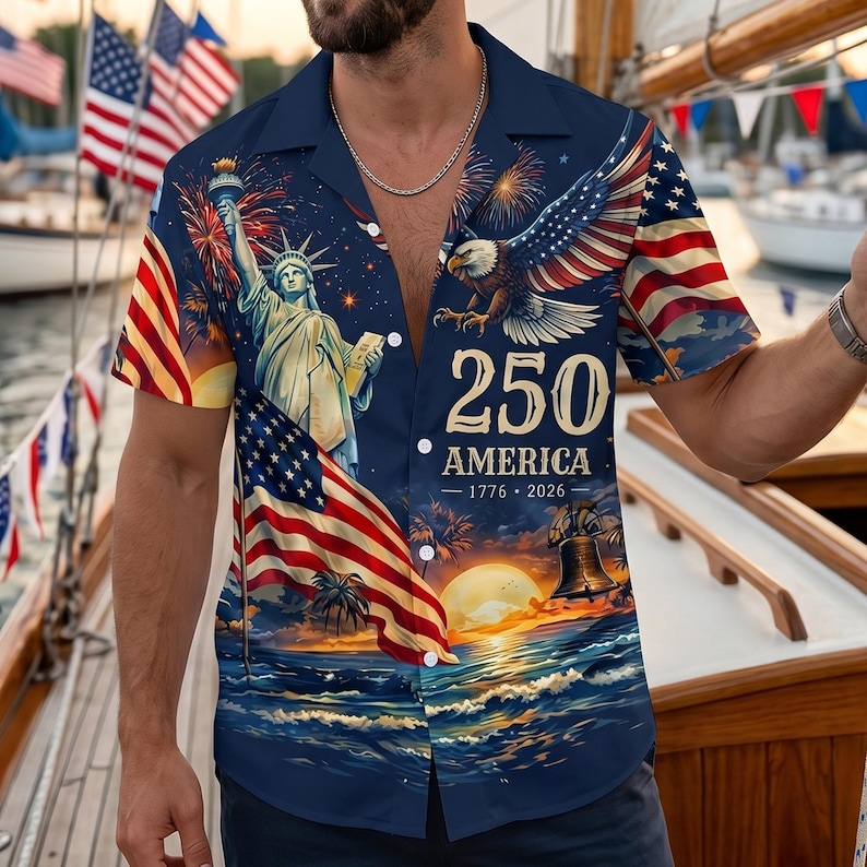 Patriotic Hawaiian Shirt for Men, 250 Years of Freedom Eagle Liberty Flag Aloha Button Down, Independence Day Apparel