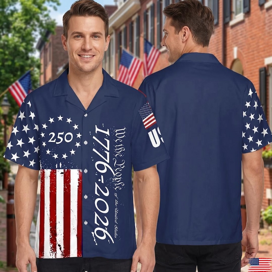 Men’s U.S. 250th Anniversary Hawaiian Shirt, Patriotic Flag Stars Button Down, 1776 2026 Independence Day Outfit