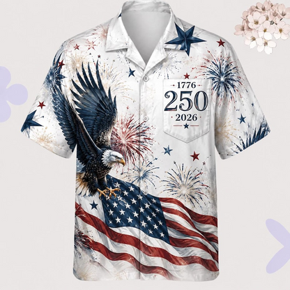 Men’s U.S. 250th Anniversary Hawaiian Shirt, Patriotic Eagle Flag Fireworks Button Down, 1776 2026 Independence Day Outfit