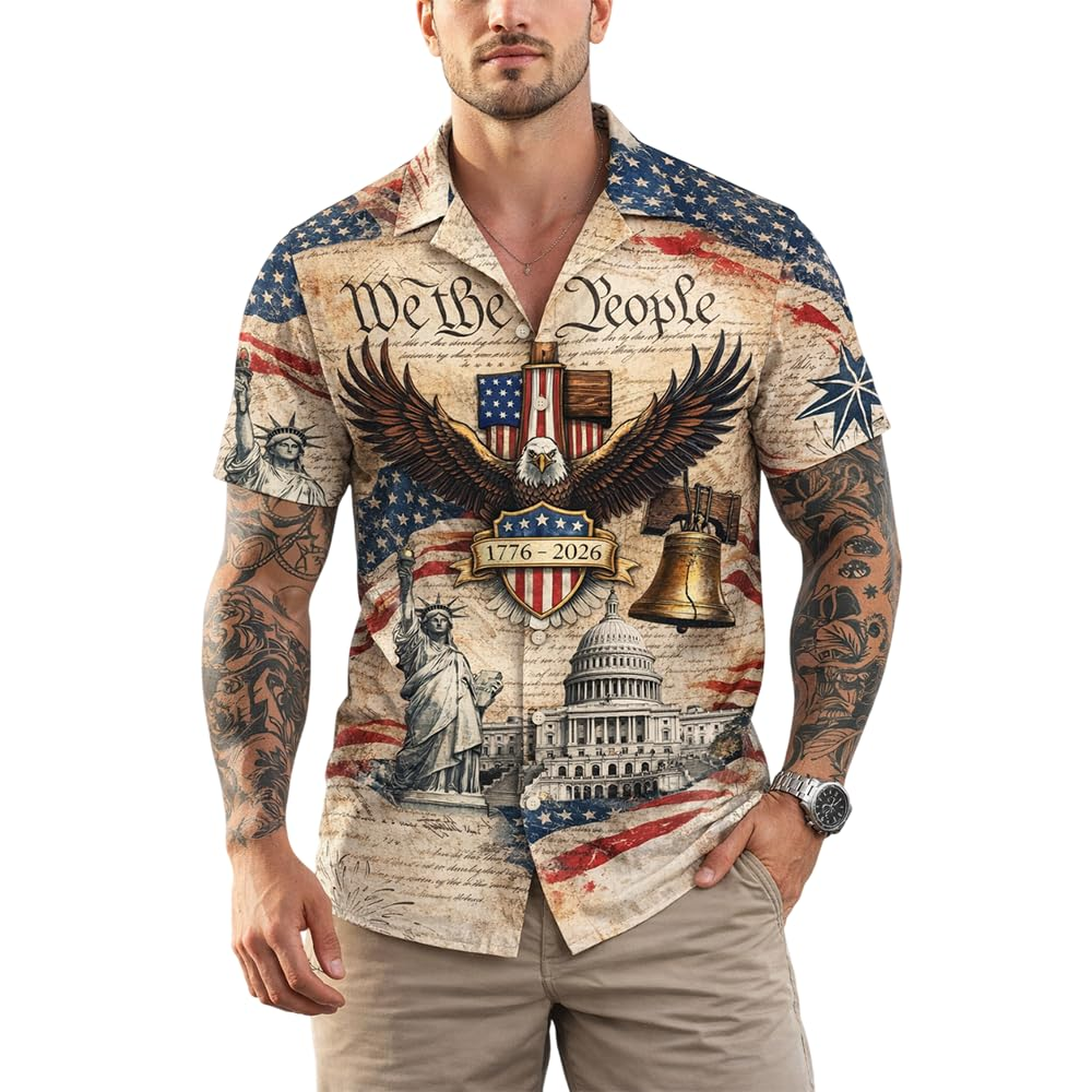 250th Anniversary Hawaiian Shirt 1776-2026 Patriotic Tee for Men, Gifts for Independence Day