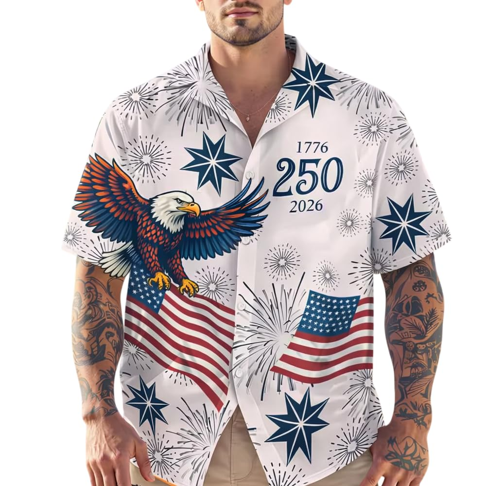 America's 250th Anniversary Hawaiian Shirt, Patriotic 1776-2026 Independence Day Tee for Men