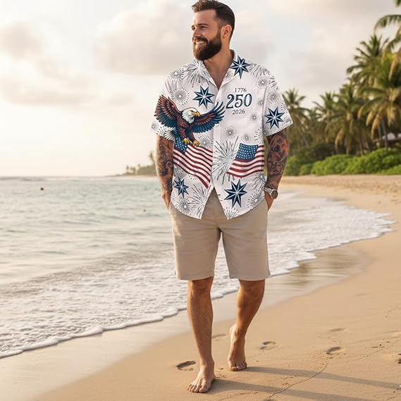 America's 250th Anniversary Hawaiian Shirt, Patriotic 1776-2026 Independence Day Tee for Men