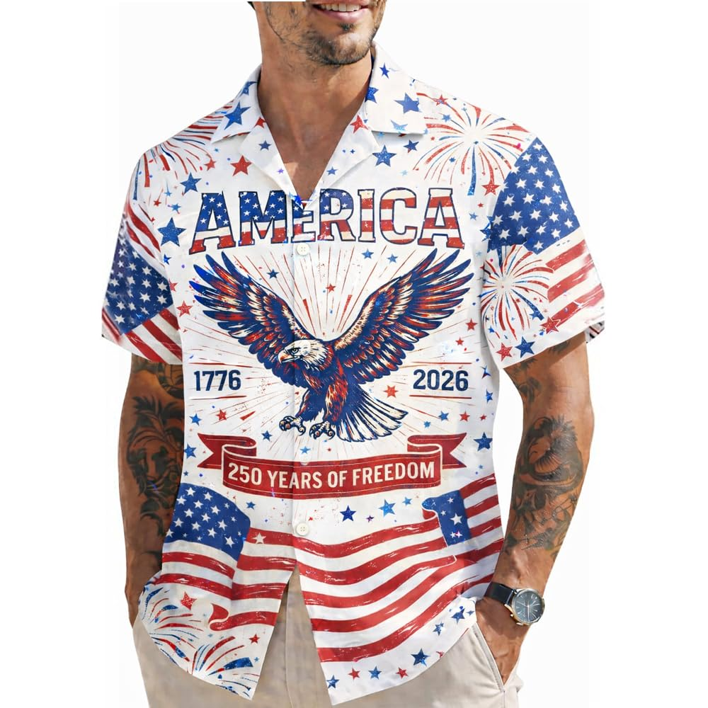 America 250th Anniversary Hawaiian Shirt, Patriotic Eagle 1776-2026 Independence Day Tee for Men