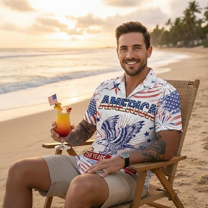America 250th Anniversary Hawaiian Shirt, Patriotic Eagle 1776-2026 Independence Day Tee for Men