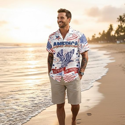 America 250th Anniversary Hawaiian Shirt, Patriotic Eagle 1776-2026 Independence Day Tee for Men