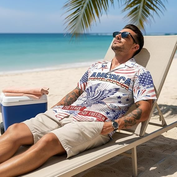 America 250th Anniversary Hawaiian Shirt, Patriotic Eagle 1776-2026 Independence Day Tee for Men