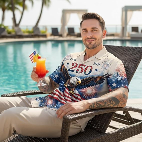 USA 250th Anniversary Eagle Shirt, Patriotic 1776-2026 Hawaiian Independence Day Tee for Men