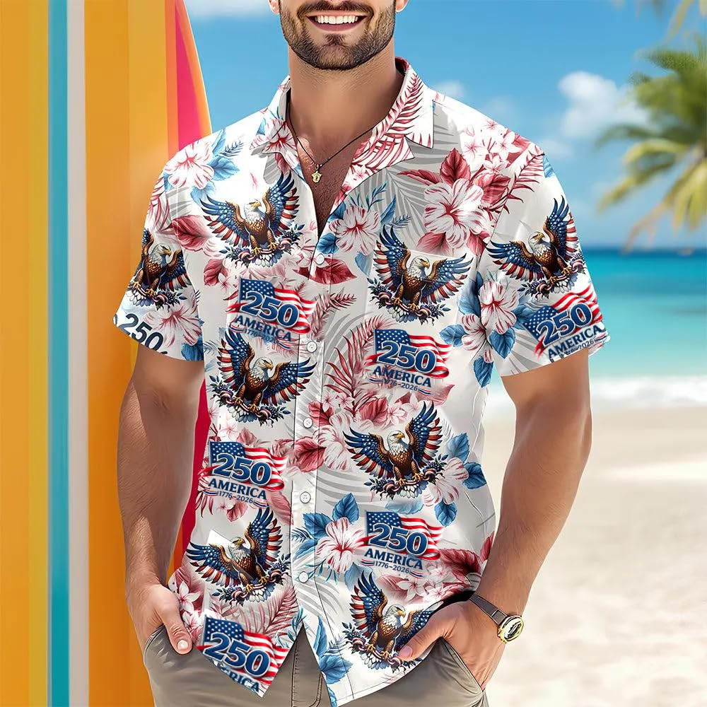 America 250th Anniversary Men's Shirt - Sestercentennial 1776-2026 Patriotic Floral Aloha Top