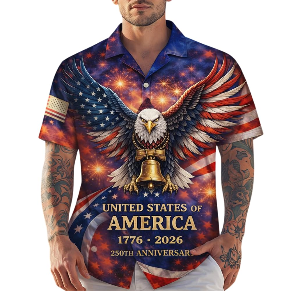 United States of America 250 Years Commemorative Shirt - Men's Patriotic Fireworks Aloha Shirt