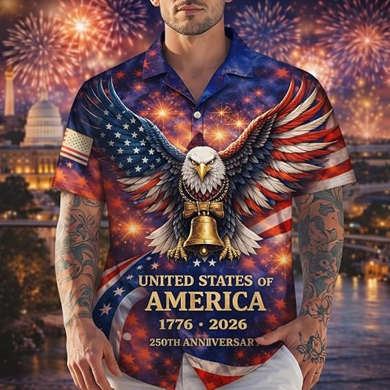 United States of America 250 Years Commemorative Shirt - Men's Patriotic Fireworks Aloha Shirt