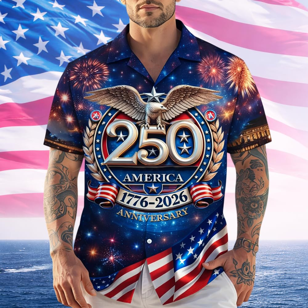 America 250th Anniversary Hawaiian Shirt, Patriotic Eagle 1776-2026 Independence Day Tee