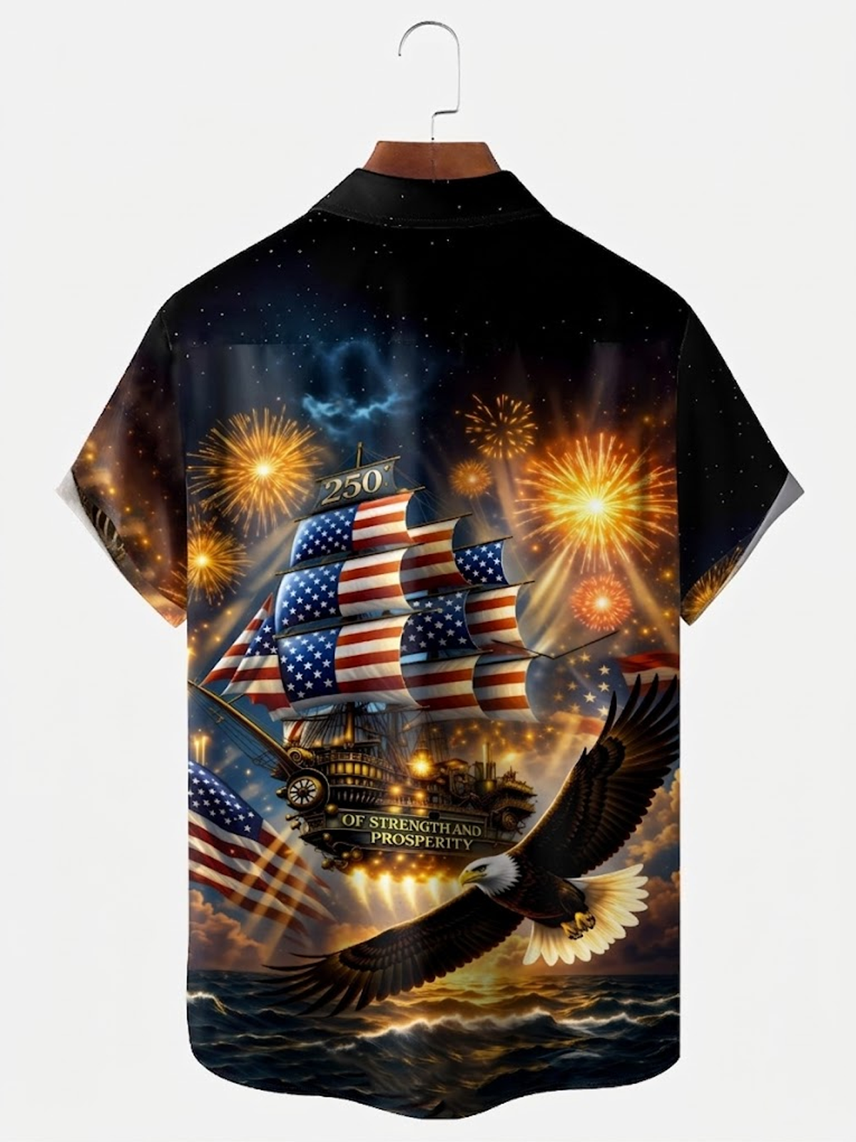 Alohadaddy® Men's Holiday Patriotic 250th Anniversary  USA Flag Eagle Patriotic Sailing Ship Fireworks Print Retro Short-Sleeve Shirt Big & Tall