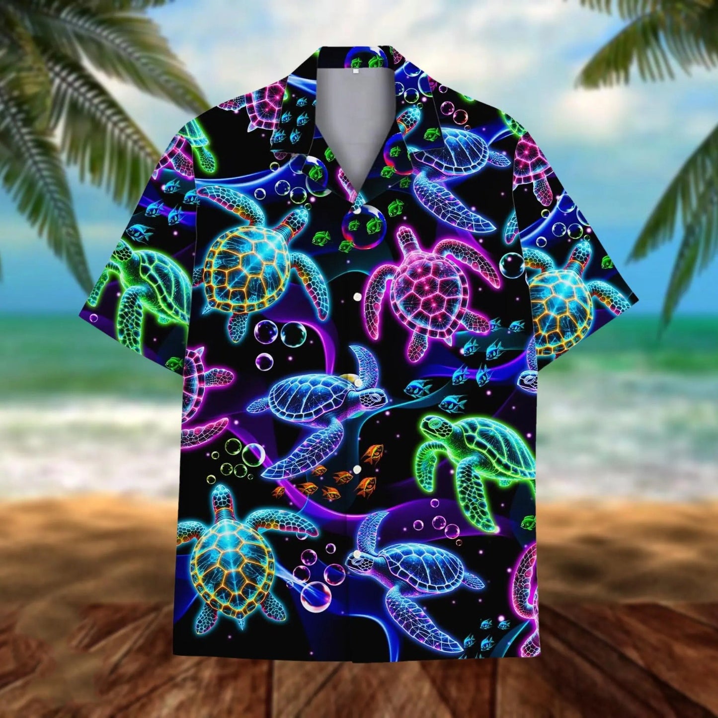 Sea Turtle Hawaii Shirt, Neon Sea Turtle Hawaiian Shirt for Men, Colorful Ocean Turtle Aloha Beach Shirt