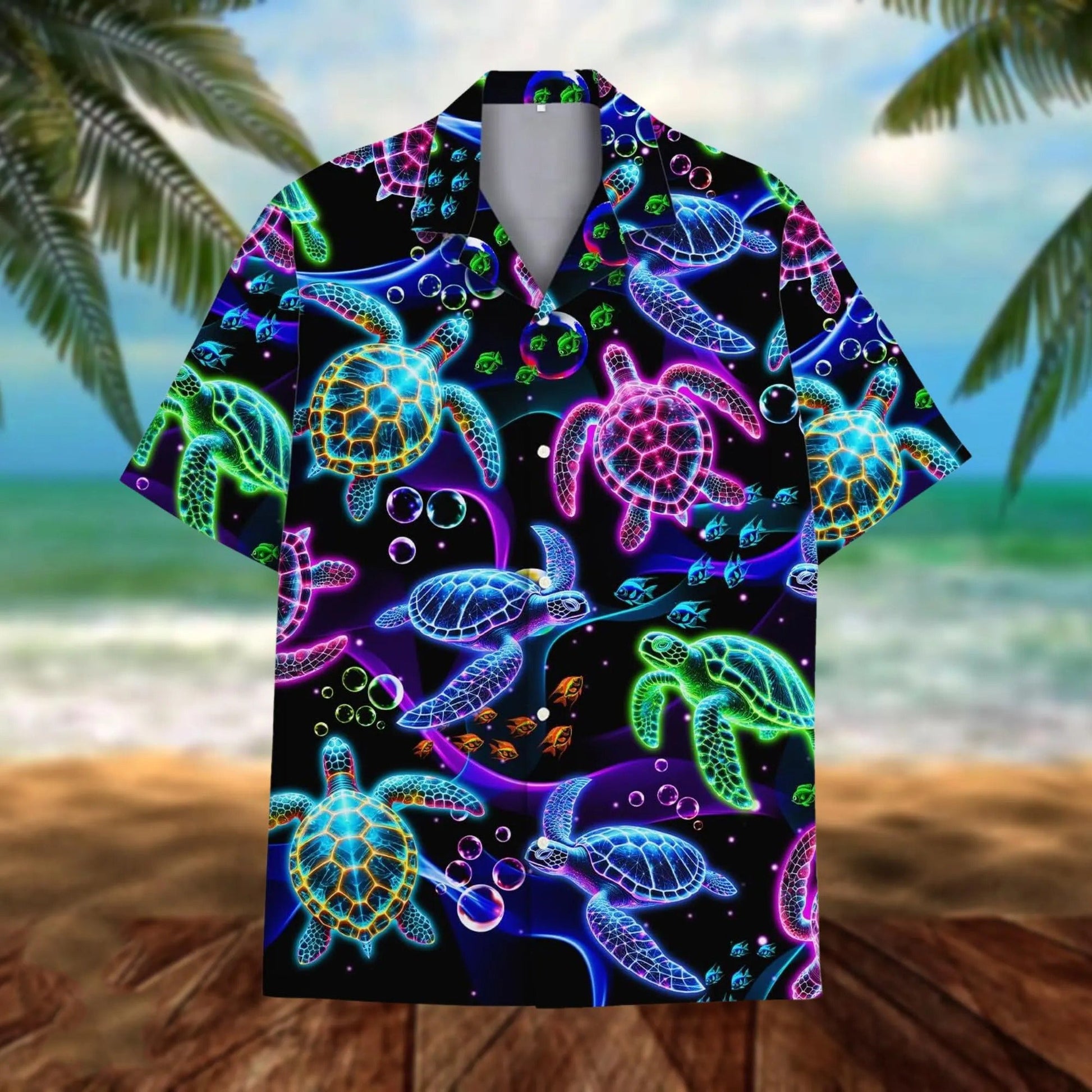 Sea Turtle Hawaii Shirt, Neon Sea Turtle Hawaiian Shirt for Men, Colorful Ocean Turtle Aloha Beach Shirt