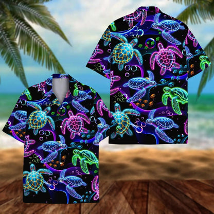 Sea Turtle Hawaii Shirt, Neon Sea Turtle Hawaiian Shirt for Men, Colorful Ocean Turtle Aloha Beach Shirt