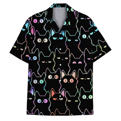Black Cat Hawaii Shirt, Cute Neon Cat Hawaiian Shirt for Cat Lovers, Funny Colorful Kitty Aloha Shirt