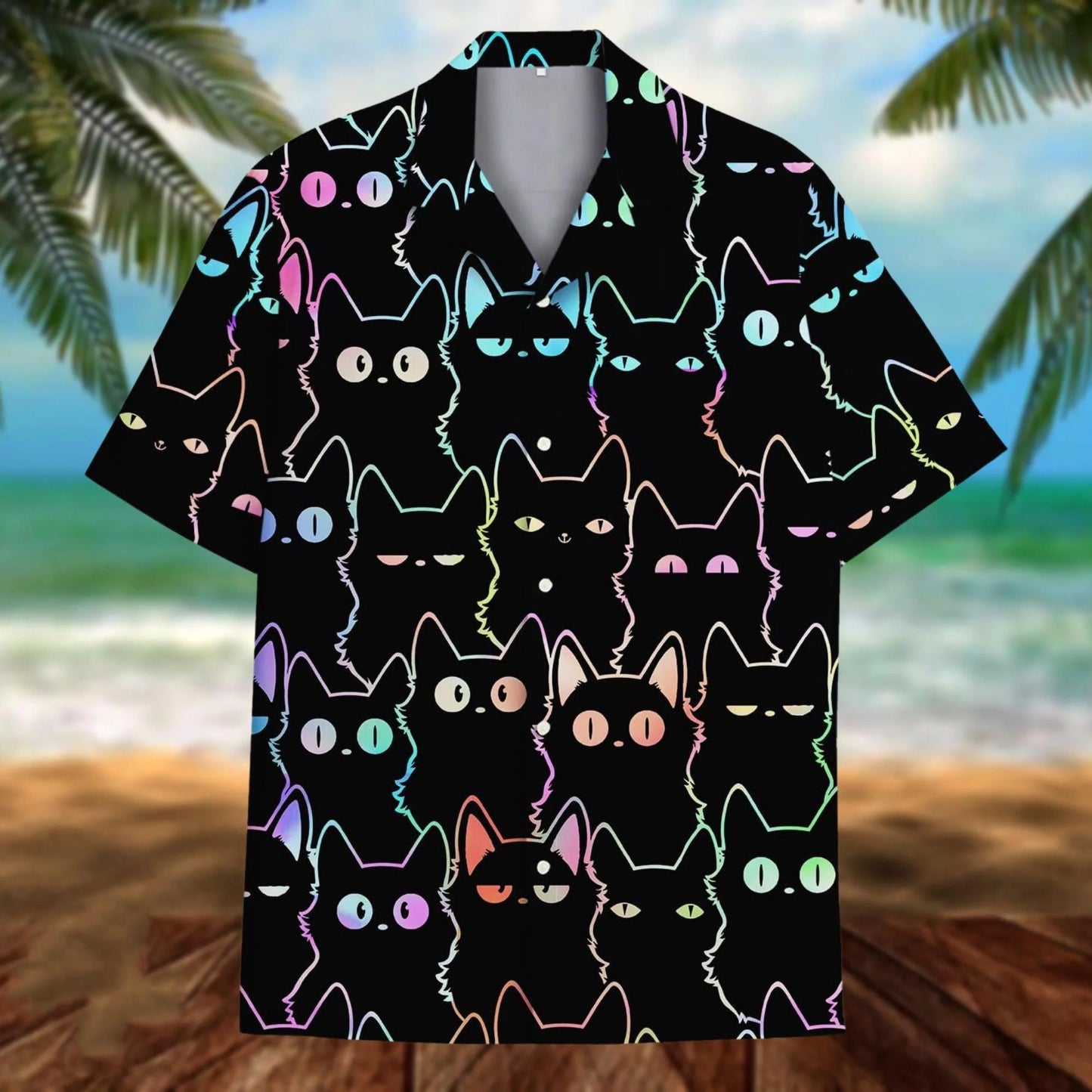 Black Cat Hawaii Shirt, Cute Neon Cat Hawaiian Shirt for Cat Lovers, Funny Colorful Kitty Aloha Shirt