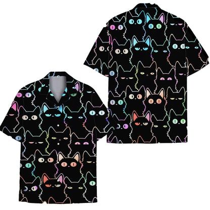 Black Cat Hawaii Shirt, Cute Neon Cat Hawaiian Shirt for Cat Lovers, Funny Colorful Kitty Aloha Shirt