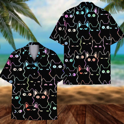Black Cat Hawaii Shirt, Cute Neon Cat Hawaiian Shirt for Cat Lovers, Funny Colorful Kitty Aloha Shirt