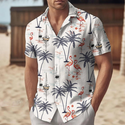 Flamingo Hawaiian Shirt, Tropical Palm Tree Aloha Shirt, Beach Summer Vacation Shirt