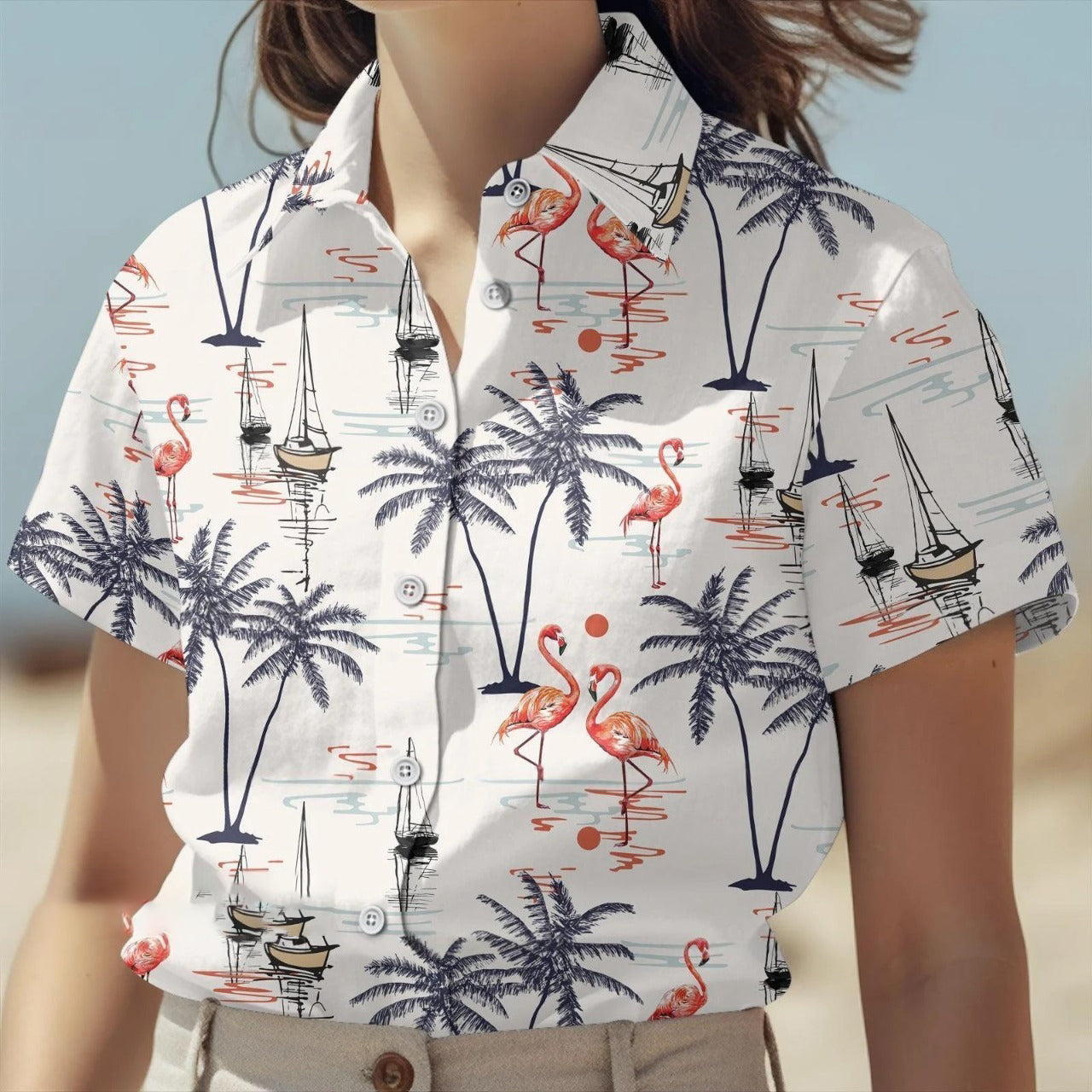 Flamingo Hawaiian Shirt, Tropical Palm Tree Aloha Shirt, Beach Summer Vacation Shirt