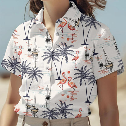 Flamingo Hawaiian Shirt, Tropical Palm Tree Aloha Shirt, Beach Summer Vacation Shirt