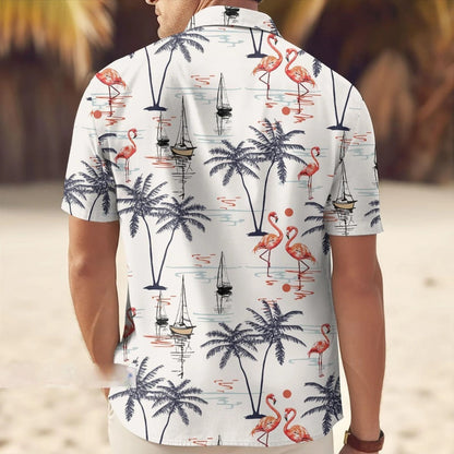 Flamingo Hawaiian Shirt, Tropical Palm Tree Aloha Shirt, Beach Summer Vacation Shirt