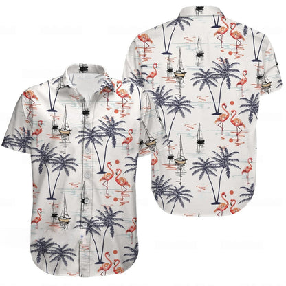 Flamingo Hawaiian Shirt, Tropical Palm Tree Aloha Shirt, Beach Summer Vacation Shirt