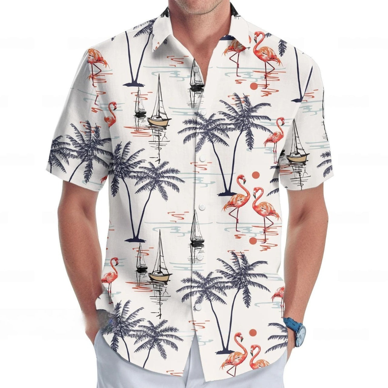 Flamingo Hawaiian Shirt, Tropical Palm Tree Aloha Shirt, Beach Summer Vacation Shirt
