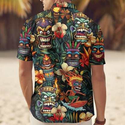 Tiki Hawaiian Shirt, Tribal Mask Surf Aloha Shirt, Tropical Vintage Island Shirt