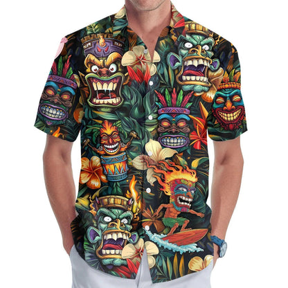 Tiki Hawaiian Shirt, Tribal Mask Surf Aloha Shirt, Tropical Vintage Island Shirt