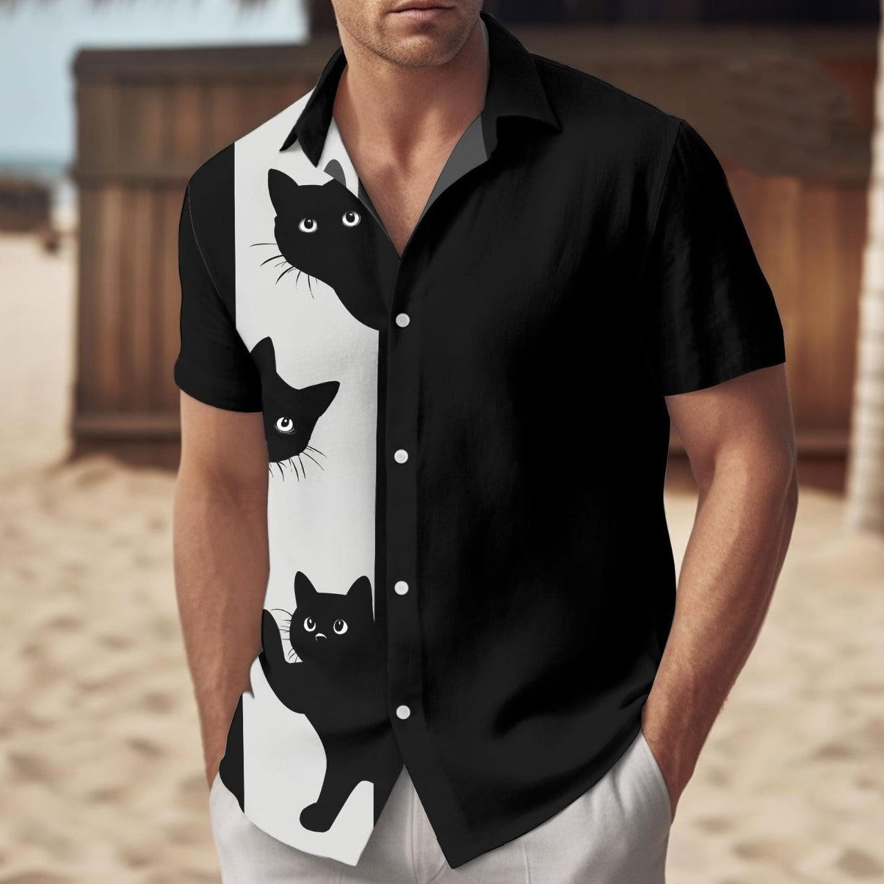 Black Cat Hawaiian Shirt, Cute Funny Cat Aloha Summer Shirt