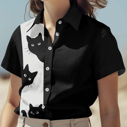 Black Cat Hawaiian Shirt, Cute Funny Cat Aloha Summer Shirt