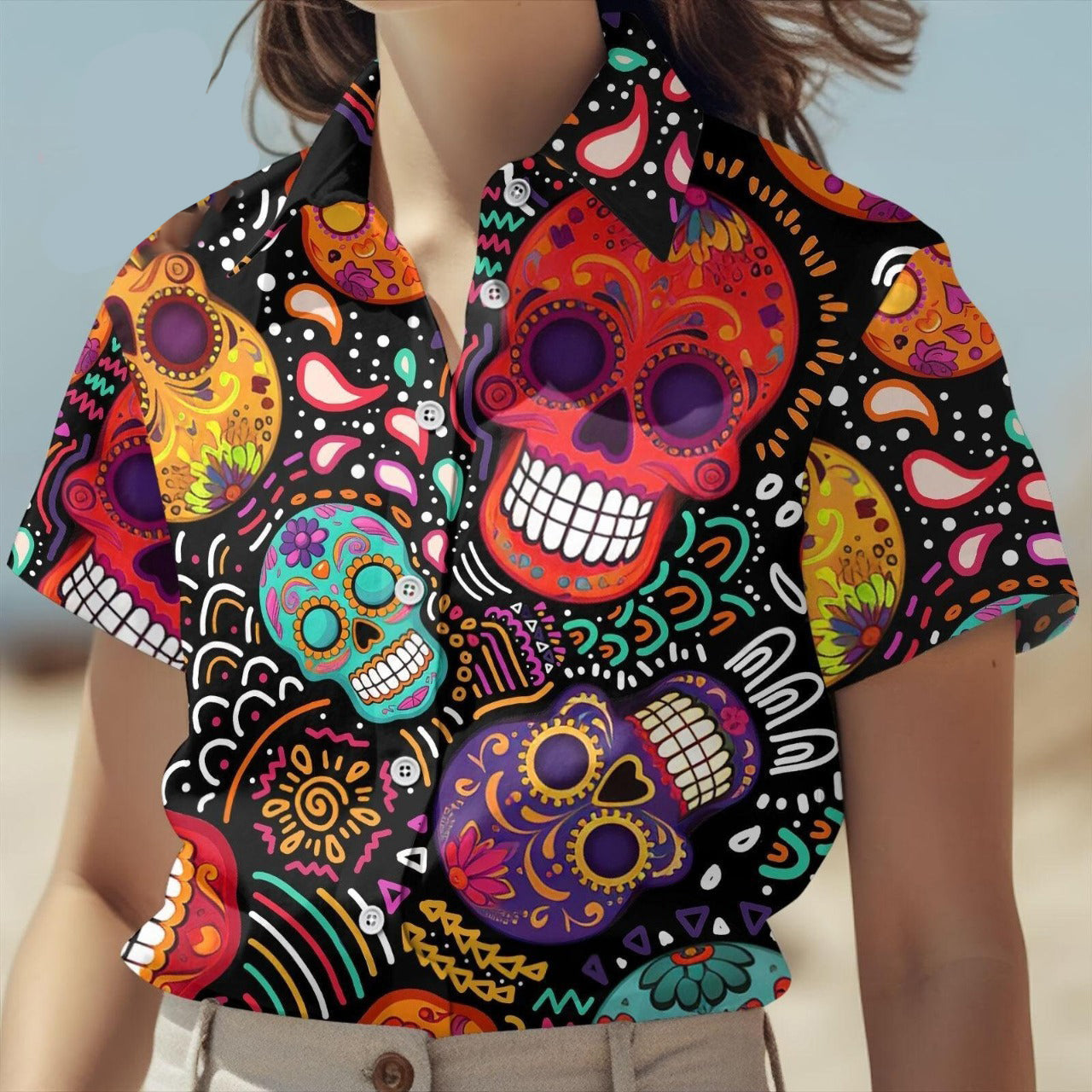 Sugar Skull Hawaiian Shirt, Day of the Dead Aloha Shirt, Colorful Mexican Skull Shirt