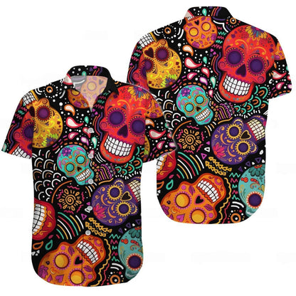 Sugar Skull Hawaiian Shirt, Day of the Dead Aloha Shirt, Colorful Mexican Skull Shirt