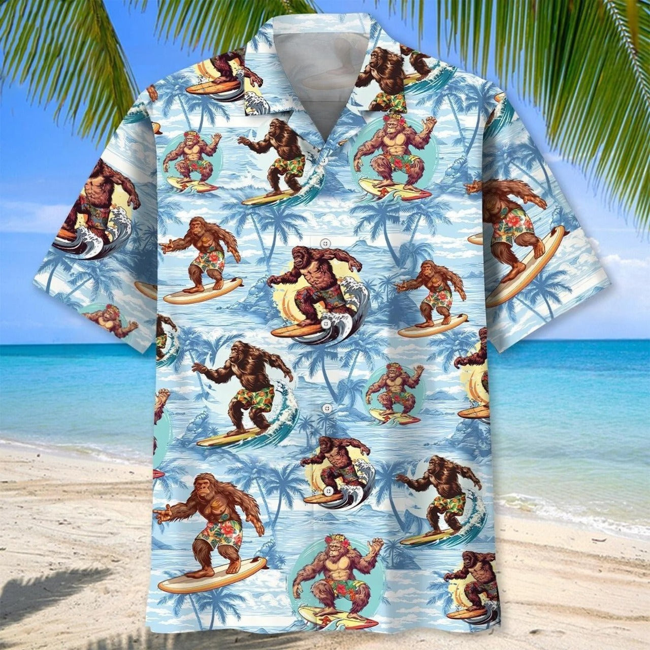 Bigfoot Surfing Hawaii Shirt, Funny Sasquatch Surfer Hawaiian Shirt, Tropical Beach Aloha Shirt for Men