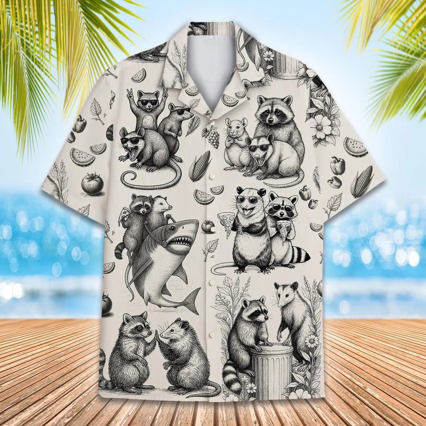 Funny Raccoon Sketch Hawaiian Shirt, Vintage Animal Aloha Shirt