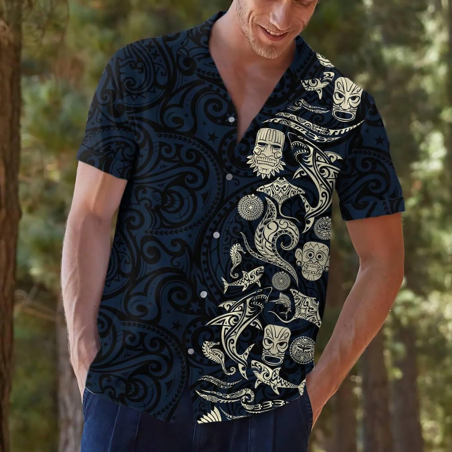 Polynesian Tribal Hawaii Shirt, Tiki Shark Aloha Shirt