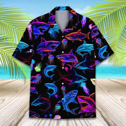 Neon Shark Hawaii Shirt, Colorful Shark Hawaiian Shirt for Men, Glow Ocean Predator Aloha Beach Shirt