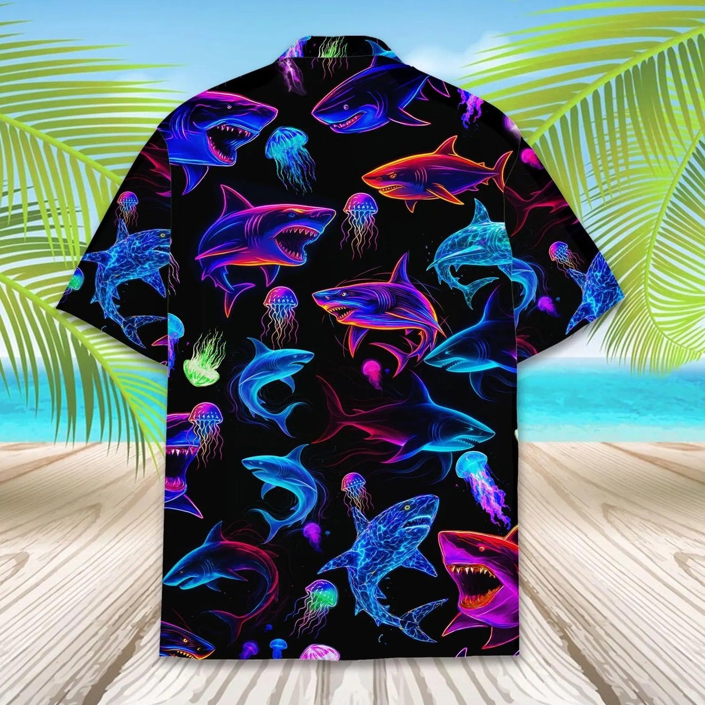 Neon Shark Hawaii Shirt, Colorful Shark Hawaiian Shirt for Men, Glow Ocean Predator Aloha Beach Shirt