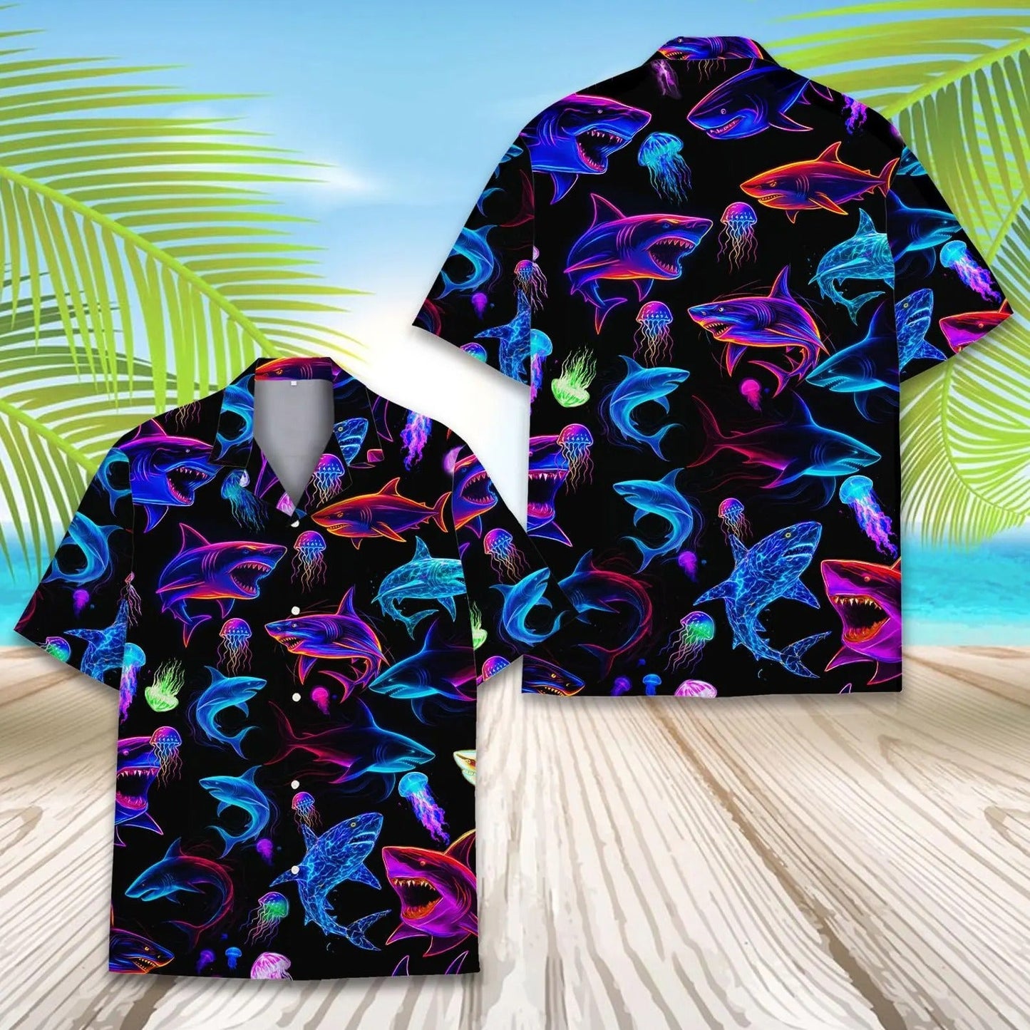 Neon Shark Hawaii Shirt, Colorful Shark Hawaiian Shirt for Men, Glow Ocean Predator Aloha Beach Shirt