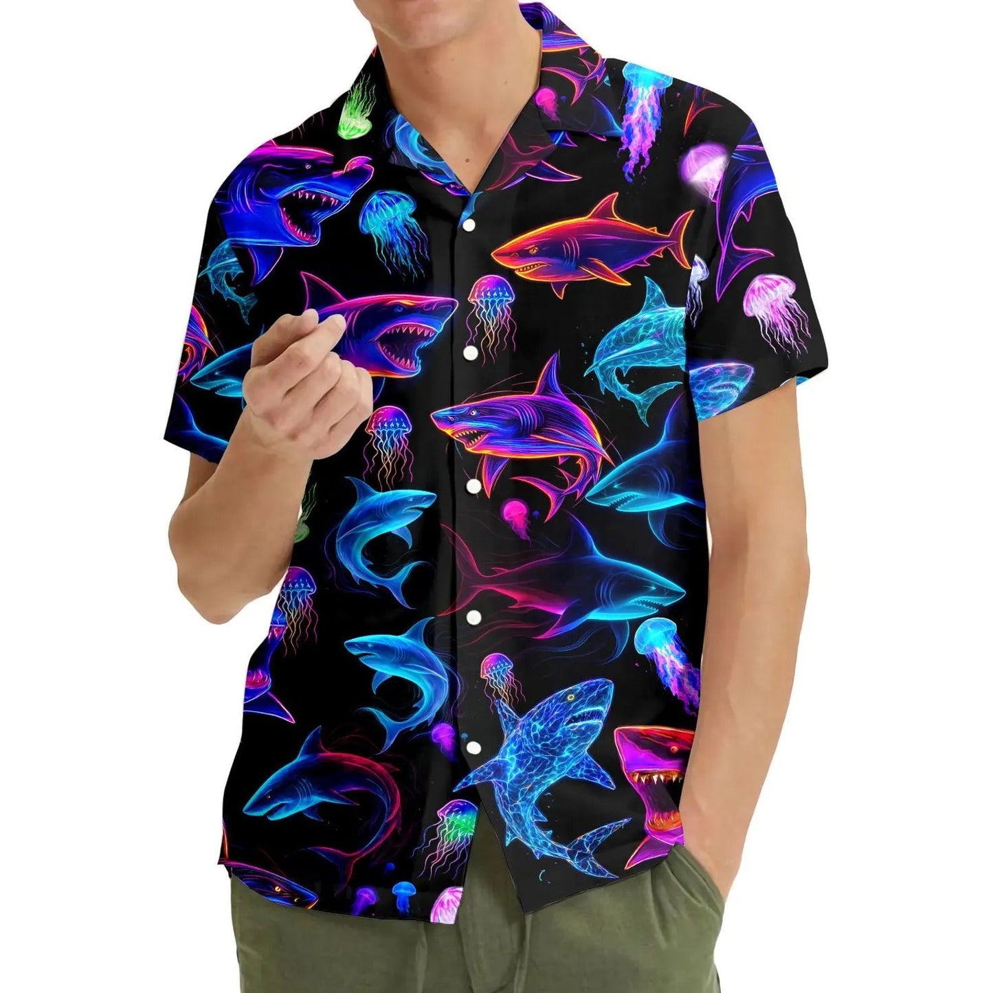 Neon Shark Hawaii Shirt, Colorful Shark Hawaiian Shirt for Men, Glow Ocean Predator Aloha Beach Shirt